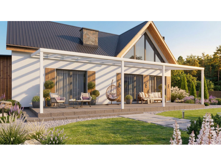 Zadaszenie tarasu Modern PRO biały 1106x300 dach szklany